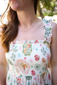 Off-White with Colorful Print Smocked Detail Dress | Danielle Blu Pepper