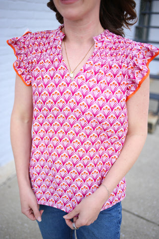 Pink and Orange Print Ruffle Sleeve Top | Sasha Staccato
