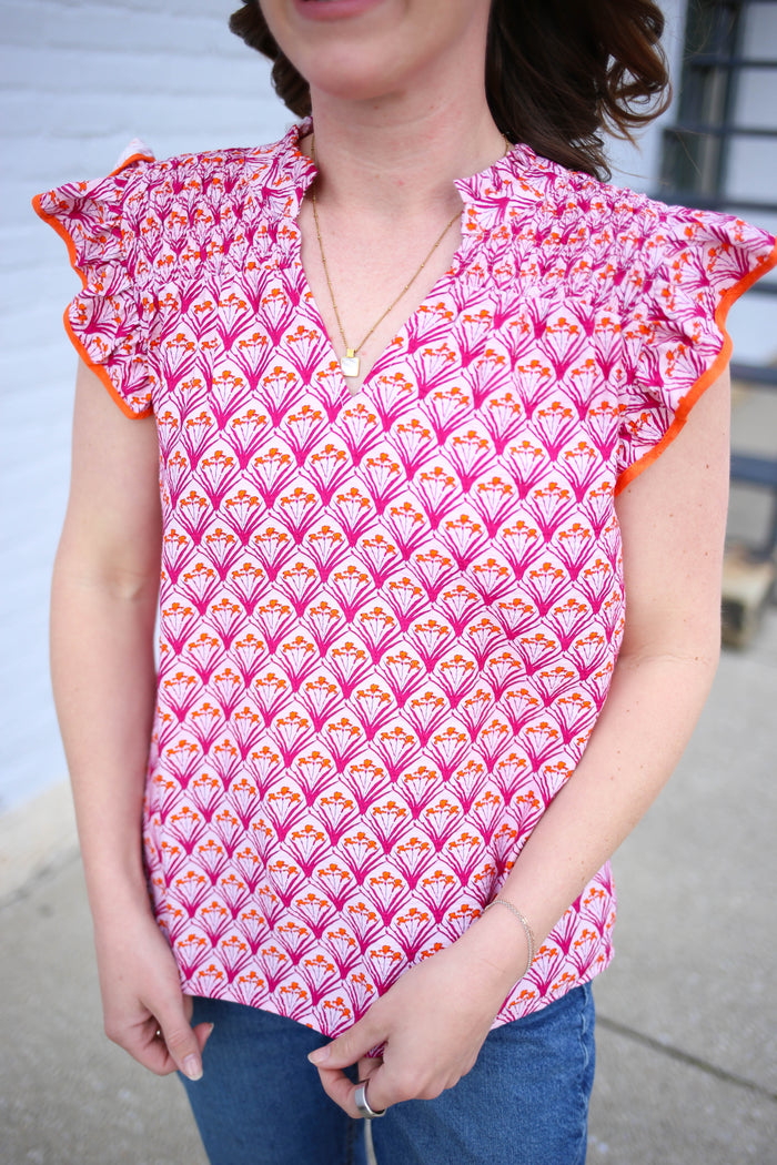 Pink and Orange Print Ruffle Sleeve Top | Sasha Staccato
