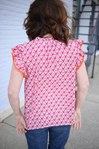 Pink and Orange Print Ruffle Sleeve Top | Sasha Staccato