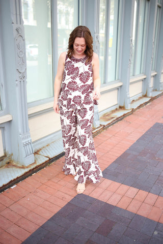 Cream and brown leaf print tank top and wide leg pant set
