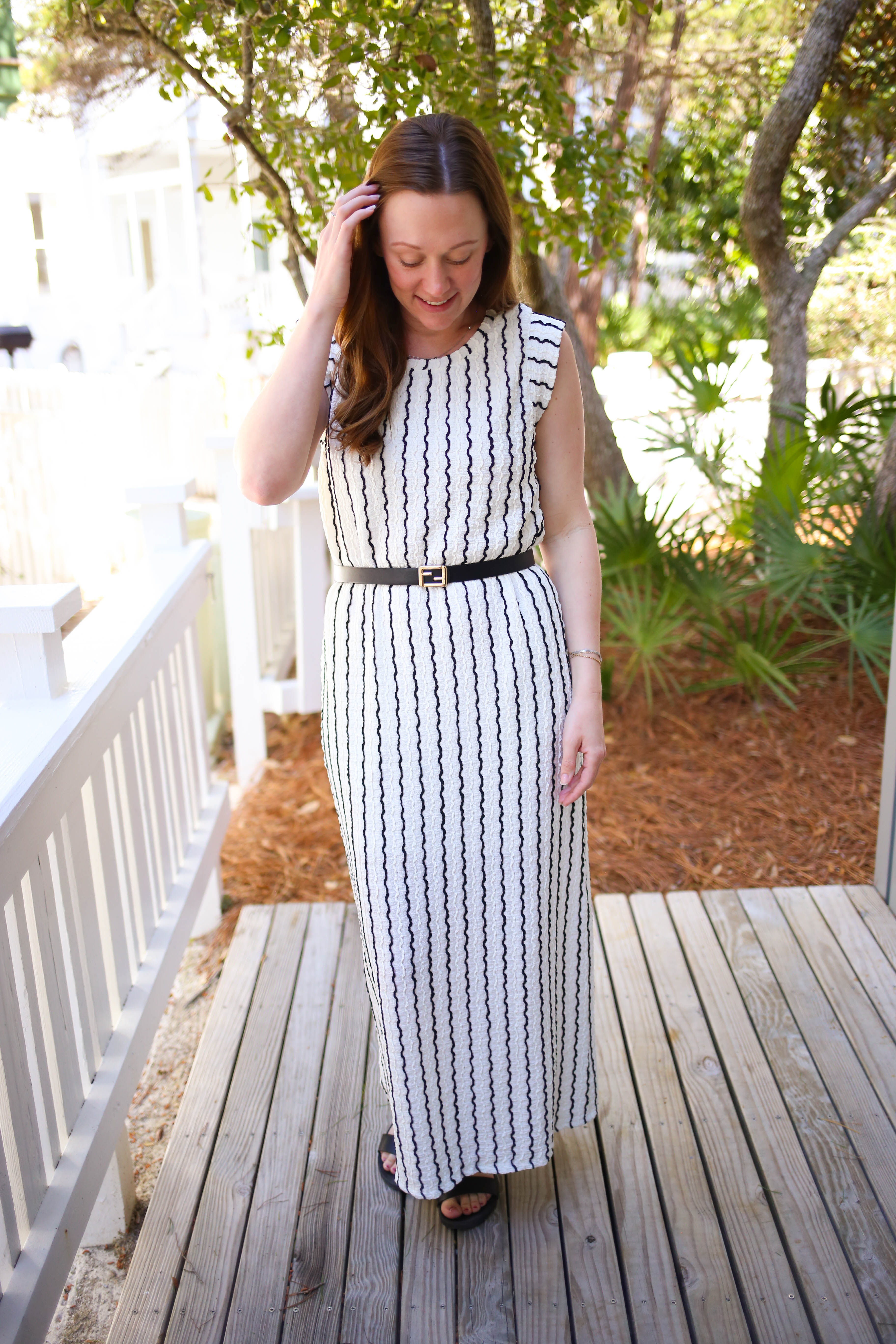 vertical striped maxi dress Women's Minimalist Beige Vertical-Stripe With White Lace Trim And Flared Long Sleeves MDZ1745F9ZRK, Oatmeal / S Product Name Vertical Striped Slit Dress In