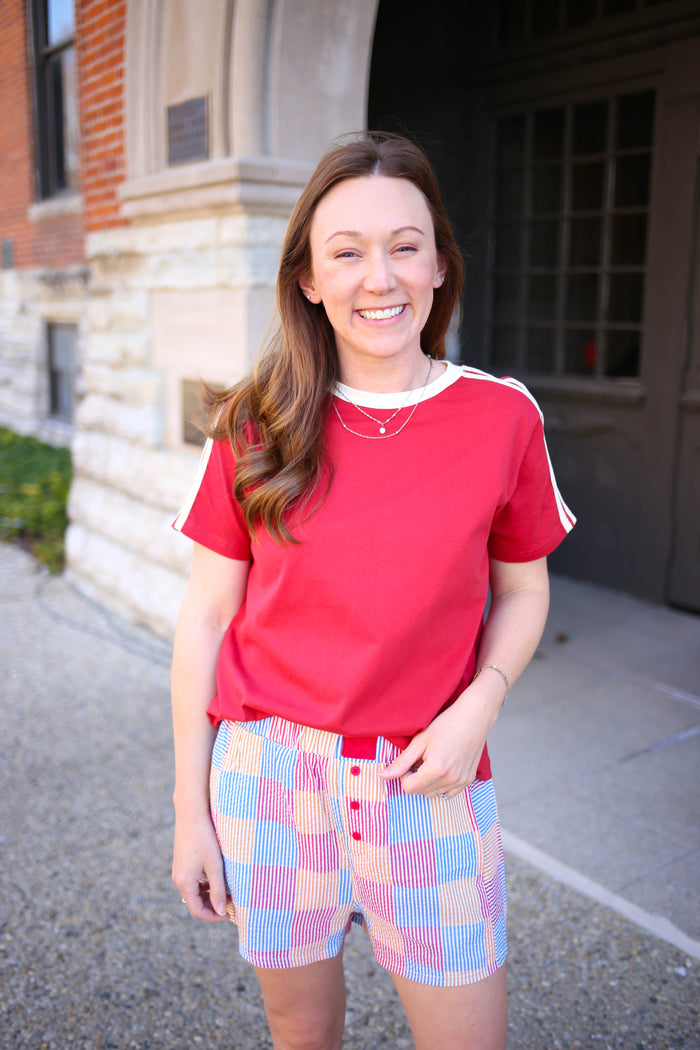 red with white stripe detail short sleeve top