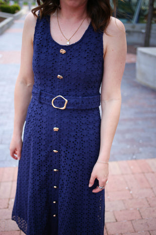 Navy Eyelet Detail Belt Waist Midi Dress | Genevive Entro