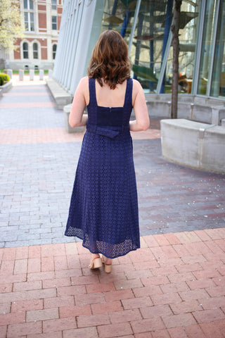Navy Eyelet Detail Belt Waist Midi Dress | Genevive Entro