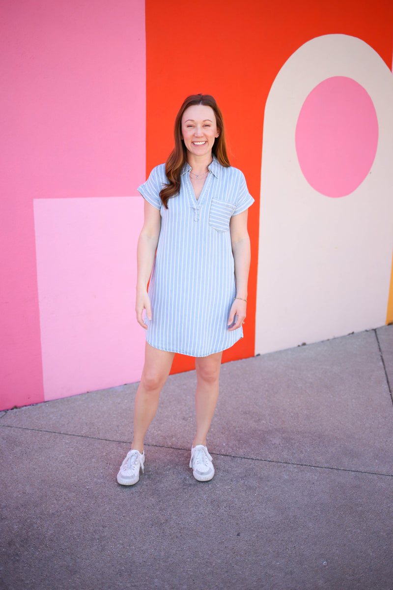 Light chambray denim and stripe dress