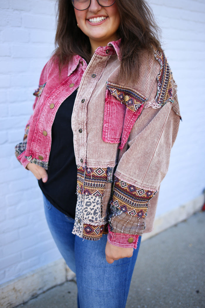 red and tan corduroy mixed detail jacket