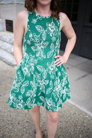 Green dress with cream embroidered flower print