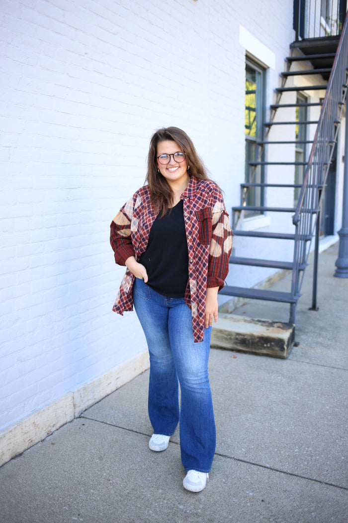 rust and black plaid floral detail flannel