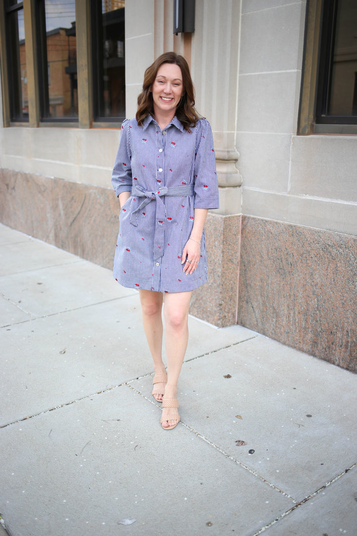 Cherry Blossom Navy Stripe Shirtdress | Chandler Jodifl