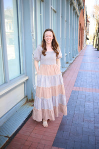 Mocha and light blue check maxi dress with square neckline and smocking