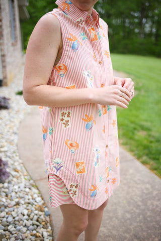 Pink Stripe and Vintage Floral Print Sleeveless Dress | Sienna Entro