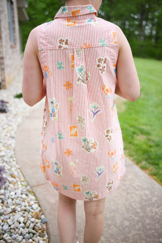 Pink Stripe and Vintage Floral Print Sleeveless Dress | Sienna Entro