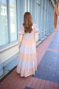 Mocha and Blue Check Maxi Dress | Amelia Easel