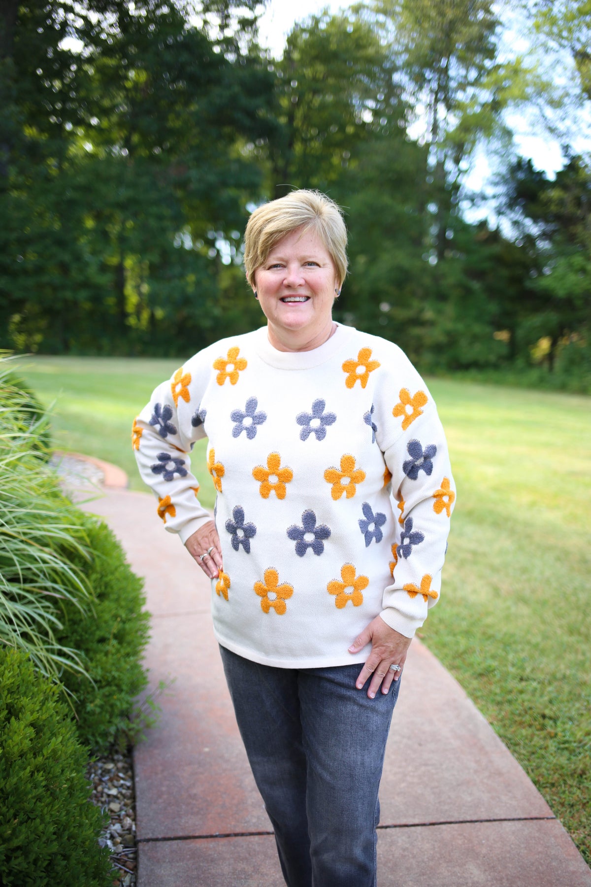 staccato yellow and grey floral detail sweater 
