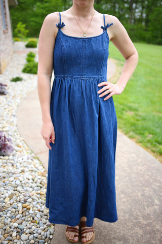 spaghetti strap denim dress Dark Denim Bow Detail Midi Dress