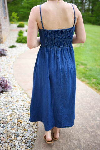 Dark Denim Bow Detail Midi Dress | Melissa Blu Pepper