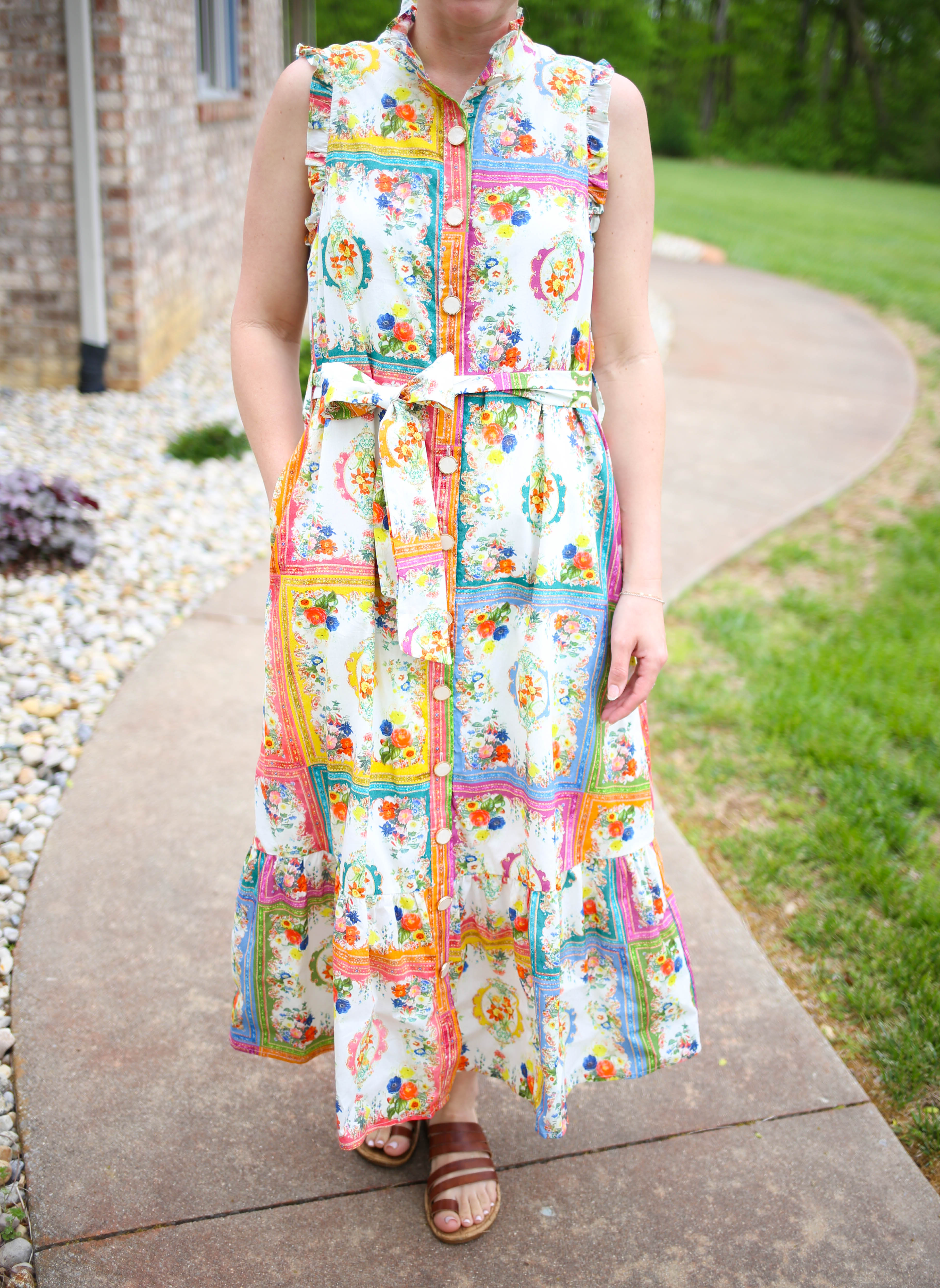 Bright Printed Tie Waist Midi Dress