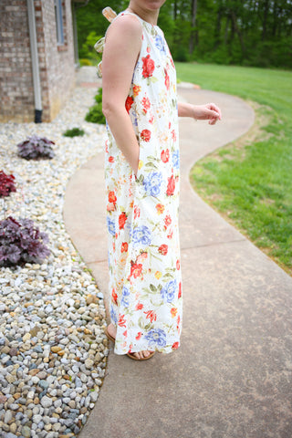 Off White Red and Blue Floral Print Maxi Dress | Breanna Entro