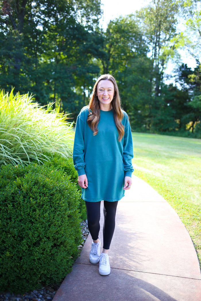 Green Mineral Washed Sweatshirt Dress | Boutique Elise | Erin Hyfve