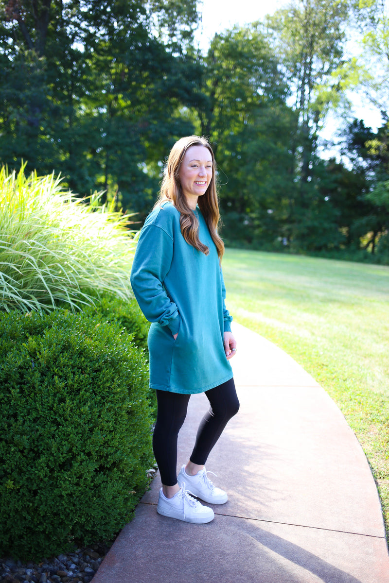 Green Mineral Washed Sweatshirt Dress | Boutique Elise | Erin Hyfve