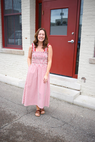 Red and Cream Stripe Smocked Dress | Sammie Staccato