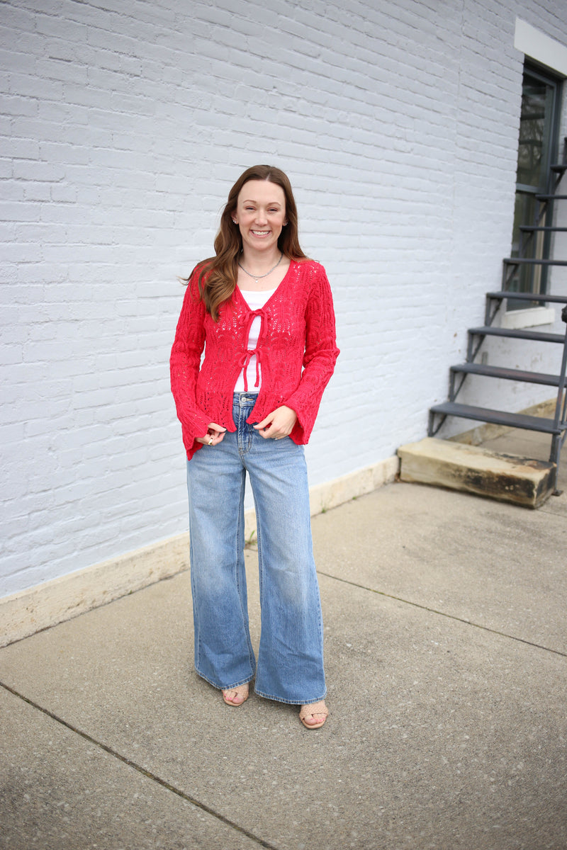 Red Front Tie Bell Sleeve Cardigan | Carrie Gilli