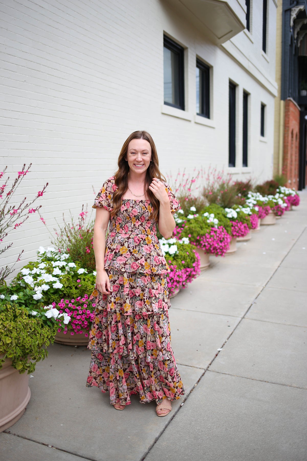 brown floral print tiered ruffle maxi dress