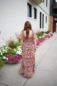 brown floral print tiered ruffle maxi dress