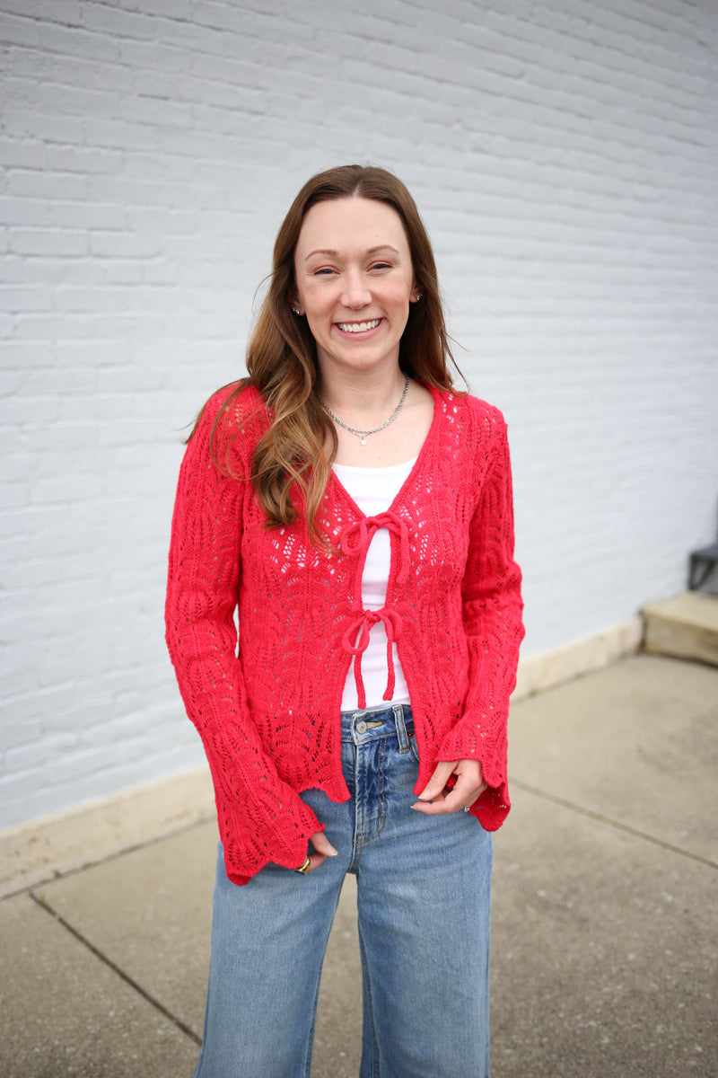 Red Front Tie Bell Sleeve Cardigan | Carrie Gilli