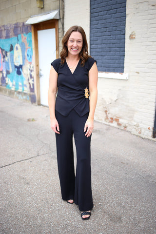 Black with Gold Flower Detail Top and Pants Set | Goldie Entro
