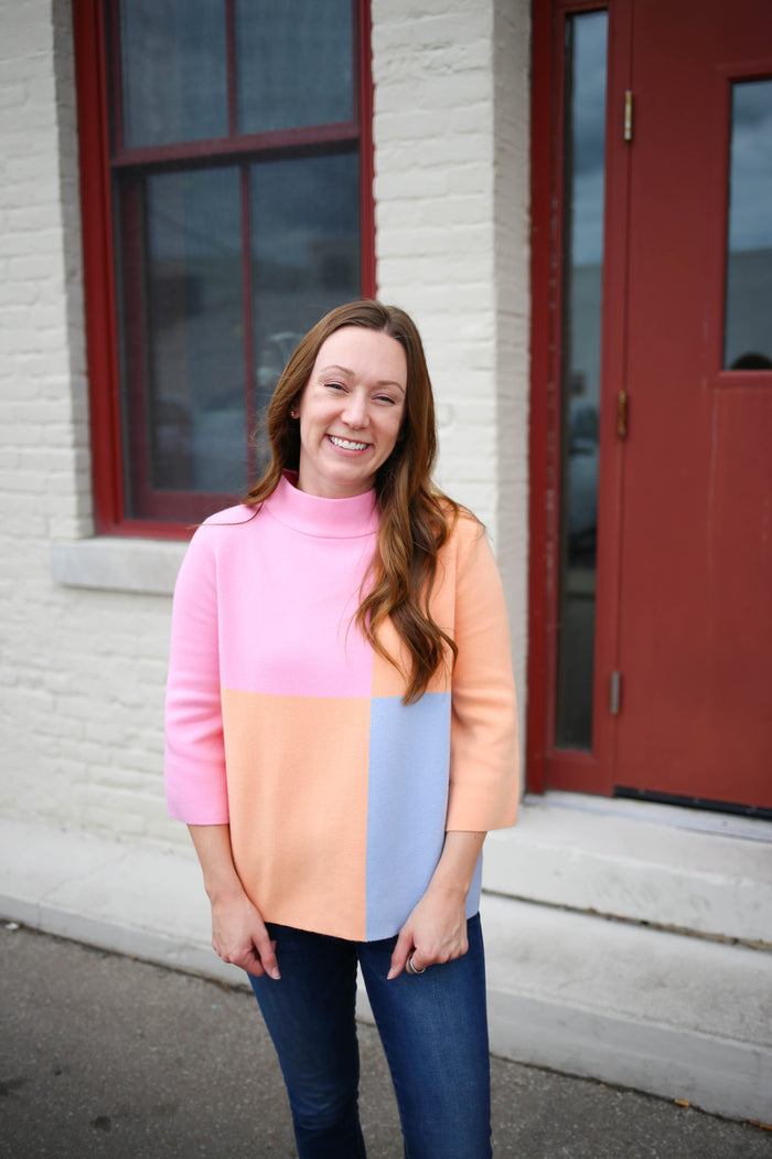 pink orange and blue 3/4 sleeve sweater