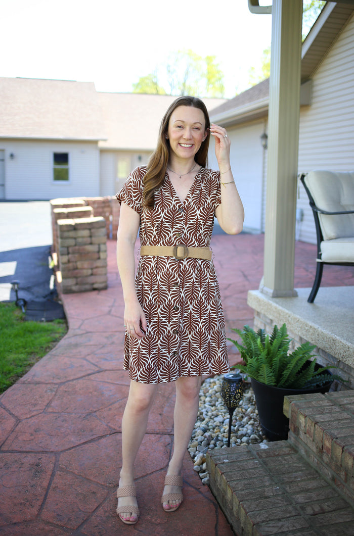 Brown and Off-White Printed Dress with Belt | Jaclyn Staccato