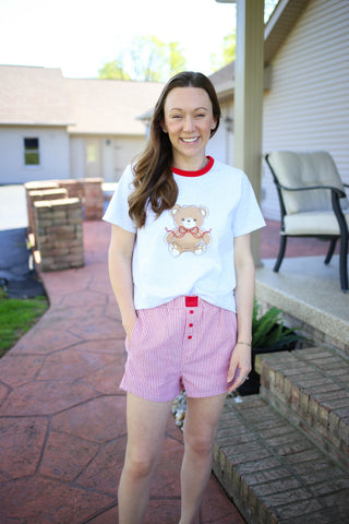 Grey and red teddy bear graphic tee
