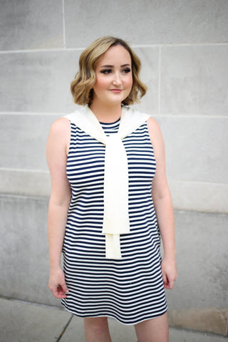 Cream and Navy Stripe Sweater Detail Dress