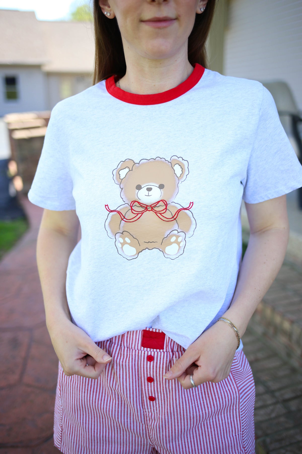 Red and Grey Teddy Short Sleeve Top Things Between