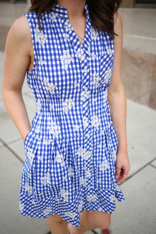 Blue Gingham and Floral Embroidery Dress | Ellie Entro