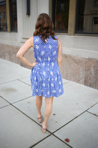 Blue Gingham and Floral Embroidery Dress | Ellie Entro