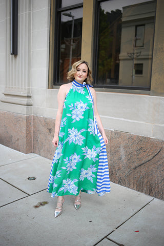 Blue and Green Floral and Stripe Print Maxi Dress | Kate Entro
