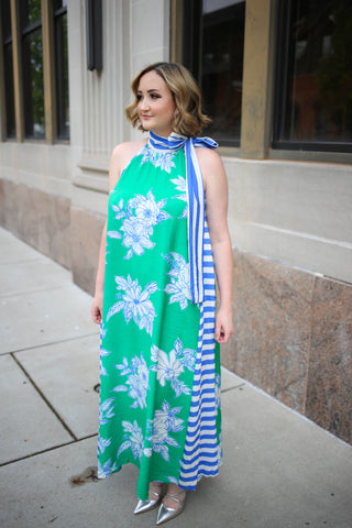 Blue and Green Floral and Stripe Print Maxi Dress | Kate Entro