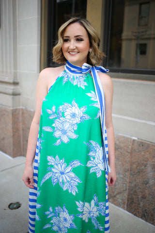 Blue and Green Floral and Stripe Print Maxi Dress | Kate Entro