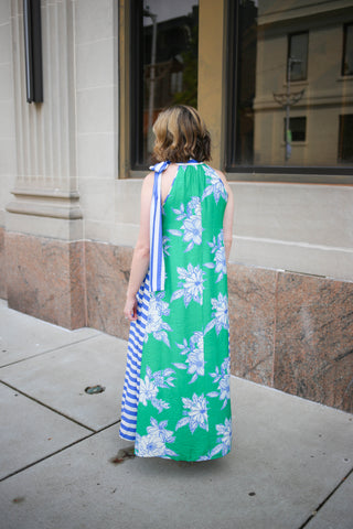 Blue and Green Floral and Stripe Print Maxi Dress | Kate Entro