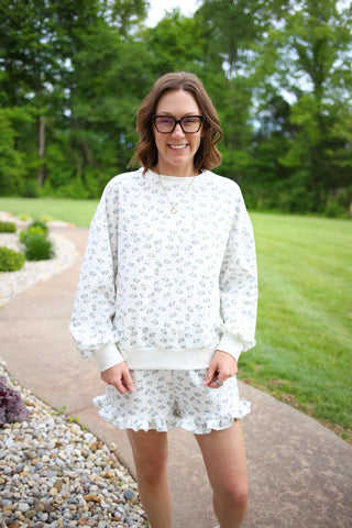 Ivory and Blue Floral Top and Ruffle Shorts Set | Sadie Very J