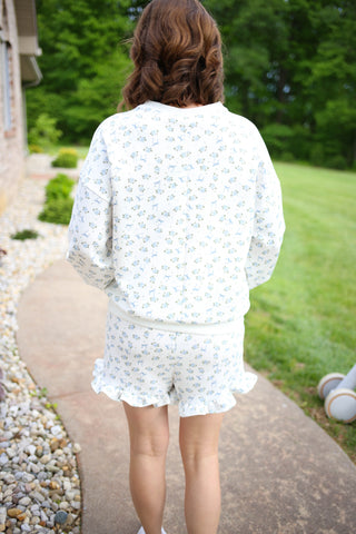 Ivory and Blue Floral Top and Ruffle Shorts Set | Sadie Very J