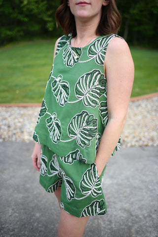 Green with black and white embroidered leaf print shorts