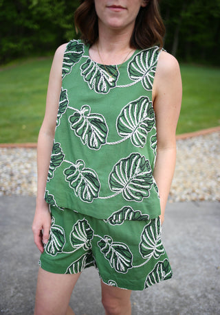 green with black and white embroidered leaf print tank top