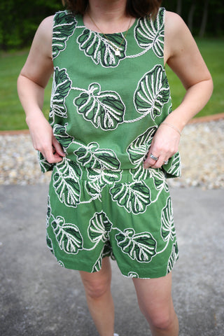 Green with Black and White Embroidered Leaf Print Shorts | Evelyn Entro