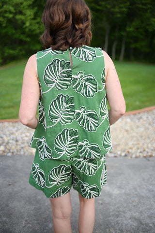 Green with Black and White Embroidered Leaf Print Top | Tia Entro
