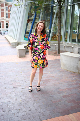 Black with Bright Retro Floral Print Dress | Andrea Jodifl