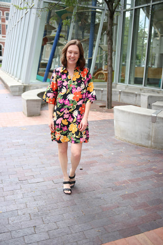 Black with Bright Retro Floral Print Dress | Andrea Jodifl